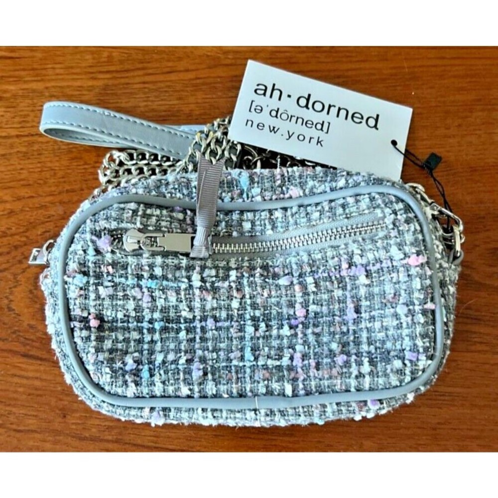 Crossbody Bag Ah-Dorned Taylor Tweed Grey White Pink NWT Camera Bag Chain
